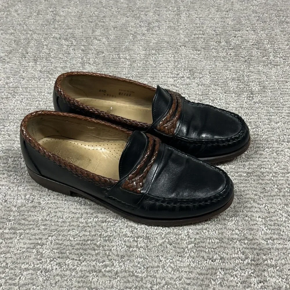 Allen Edmonds Newcomb Shoes Men 8.5D Black Brown Woven Leather Penny Loafers USA
